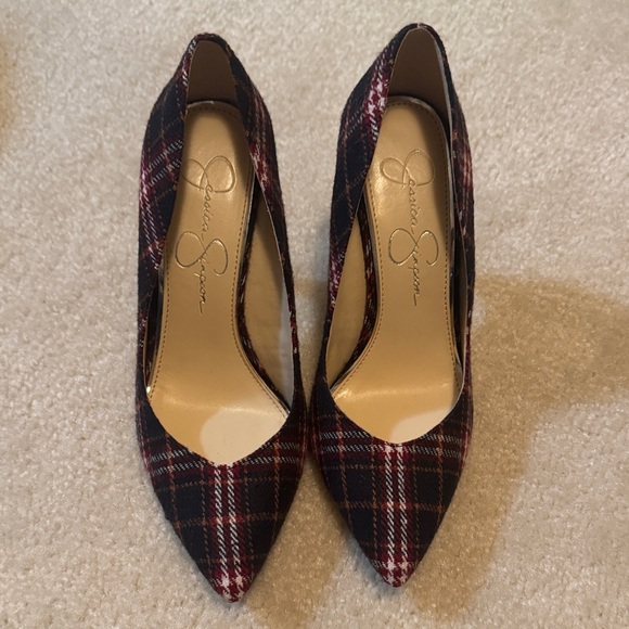 Jessica Simpson Shoes - Jessica Simpson Plaid Pointed Pumps in Navy and Burgundy
